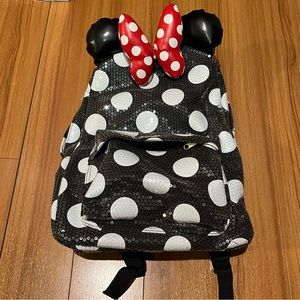 Disney Parks Minnie Mouse black and white dot sequin backpack with bow